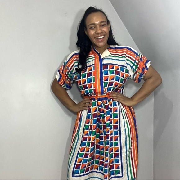 Vintage silk colorful A-line midi dress retro chic 80s twee bold graphic mod - Picture 11 of 15